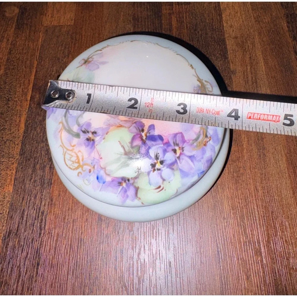 Vintage Bavaria Porcelain Trinket Box Hand Painted Purple Violets Gold Trim 4in